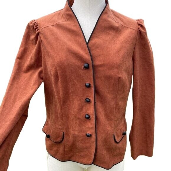 Vintage Jacket Lightweight Puff Sleeves Blazer Brown Button Up Faux Suede Sz - Picture 1 of 9